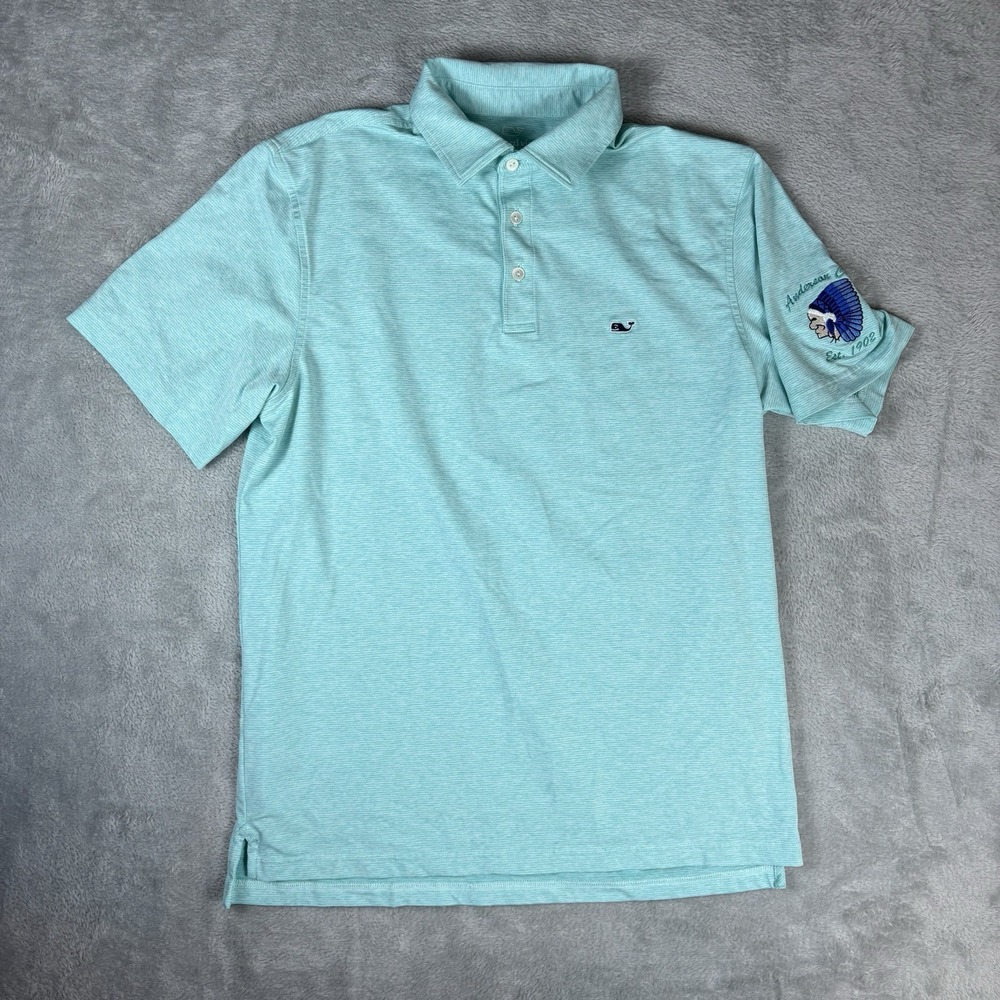 Vineyard‎ Vines Performance Mens M Short Sleeve Teal Striped Whale Polo Shirt